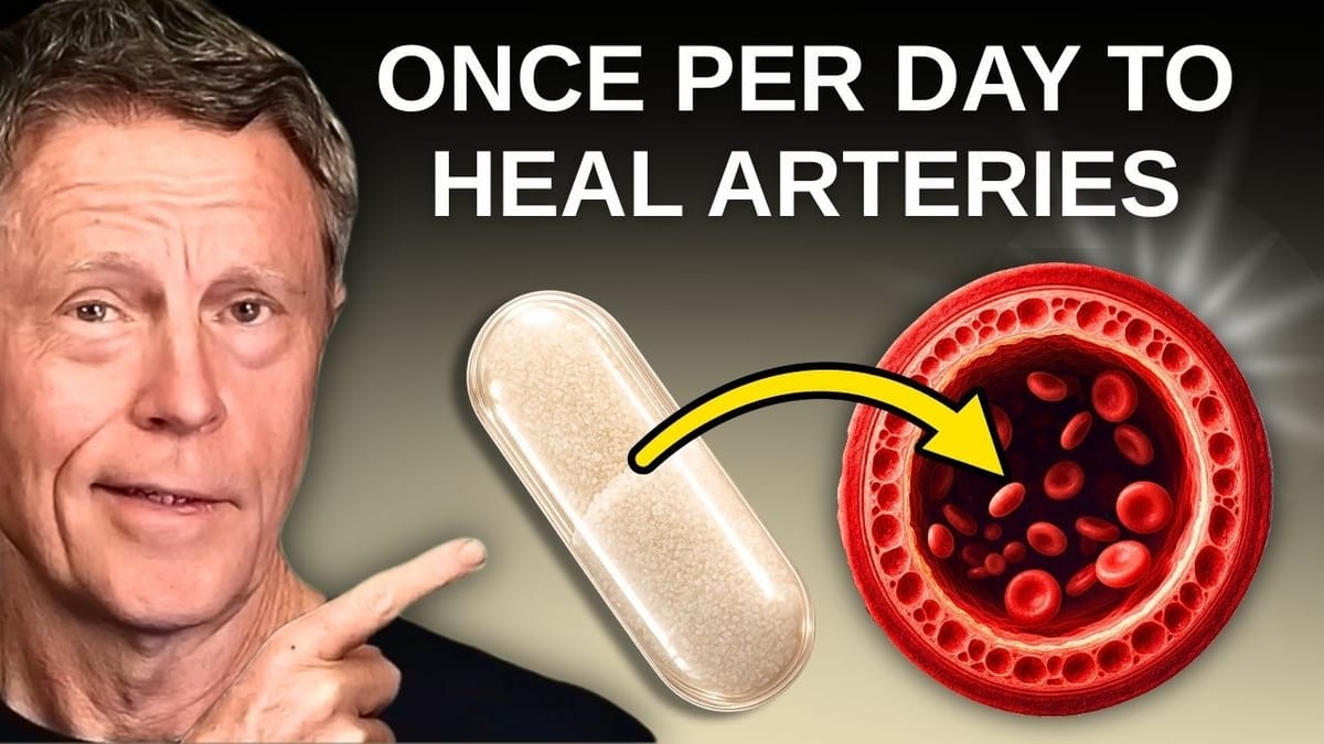 Dr. Ford Brewer pointing to a supplement capsule and an artery with flowing red blood cells, under the headline ‘Once Per Day to Heal Arteries’.
