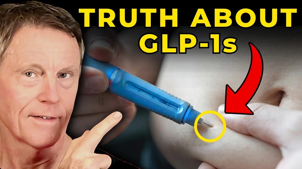 Dr. Ford Brewer pointing to a GLP-1 injection pen being used on the abdomen, under the headline ‘The Truth About GLP-1s’.
