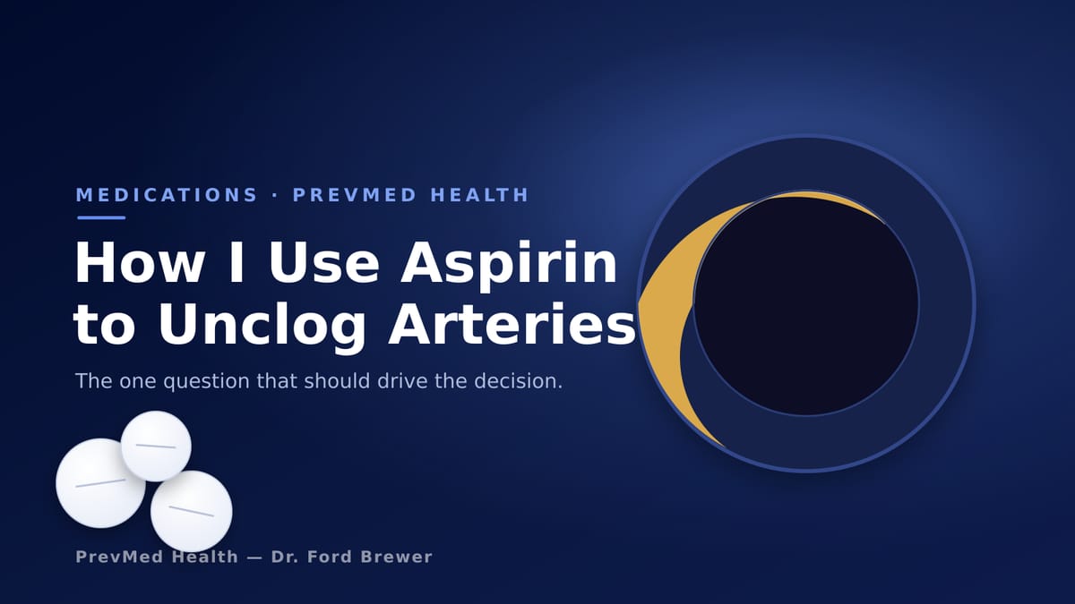 Low-dose 81mg aspirin tablets beside a cross-section illustration of an artery narrowed by plaque.