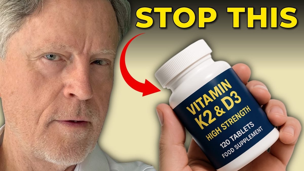 Dr. Ford Brewer beside a bottle of combined vitamin K2 and D3 tablets, under the headline ‘Stop This’.